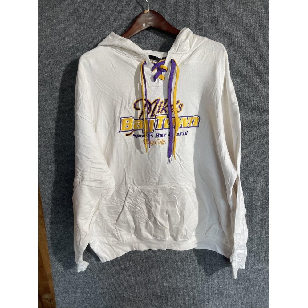 Mike's BayTown Hoodie Mens 3XL White Lace Up Fleece Pennant Sports Bar Graphic
